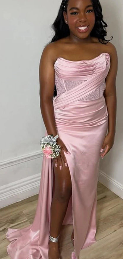 Elegant Pink Strapless Ruched Satin Corset High Slit Sheath Evening Dress DP8660