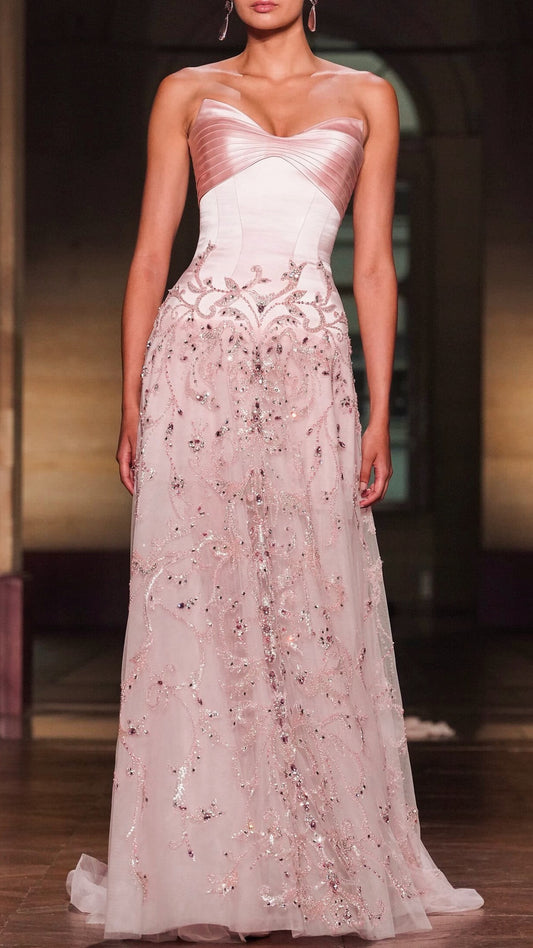 Vintage Pink Glittering Sequin Beaded Prom Dress A-Line Evening Gown Strapless Party Dress Long Formal Dress DP6886