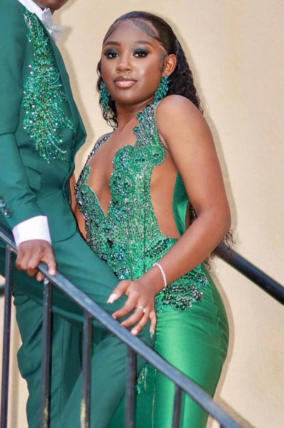 Superbe robe de bal vert foncé, robe de soirée sirène scintillante et perlée, robe longue de soirée formelle DP6820