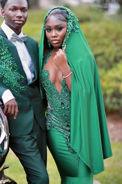 Superbe robe de bal vert foncé, robe de soirée sirène scintillante et perlée, robe longue de soirée formelle DP6820