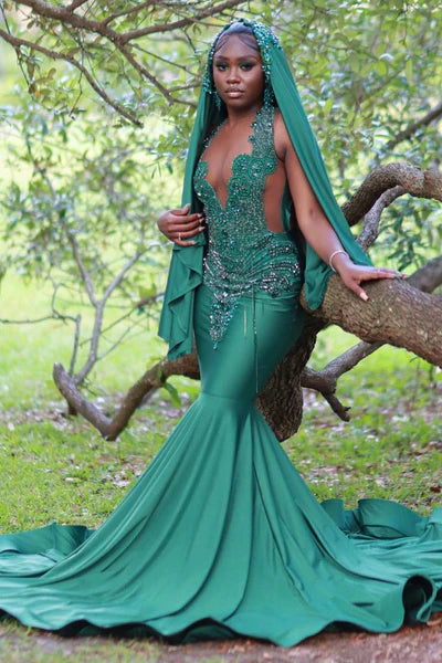 Wunderschönes dunkelgrünes Ballkleid mit glitzernden Perlen, Abendkleid im Meerjungfrauen-Stil, langes Abendkleid, DP6820