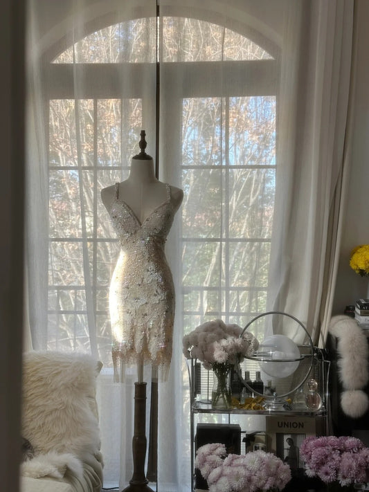 Vintage Beige Sequin Beading Appliques Spaghetti Strap A-line V-neck Party Dresses Homecoming Dresses, DP5791