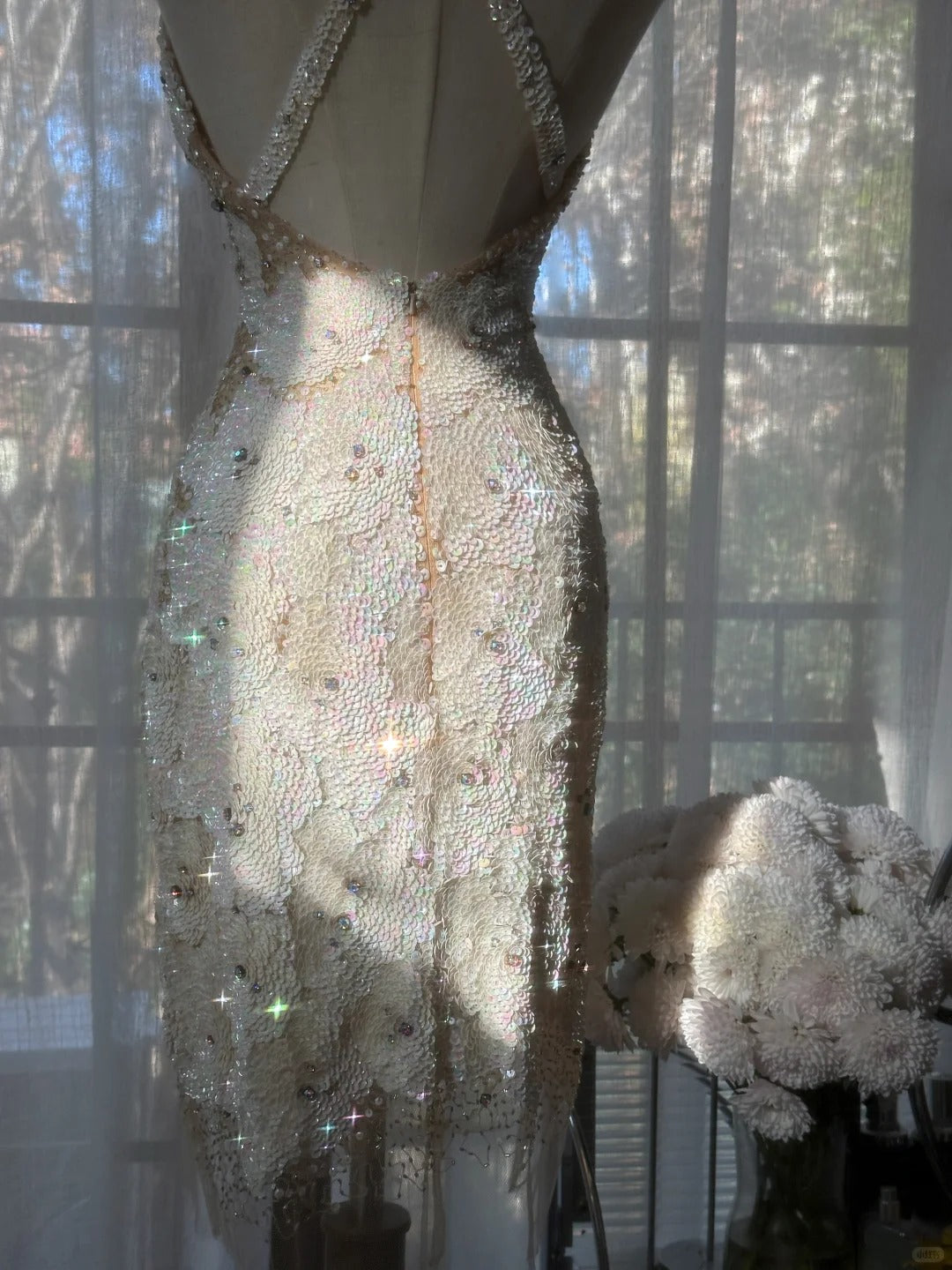 Vintage Beige Sequin Beading Appliques Spaghetti Strap A-line V-neck Party Dresses Homecoming Dresses, DP5791