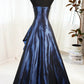 Vintage Royal Blue Satin Strapless Evening Gown with Beaded Embroidery & Draped Ruffles DP4287