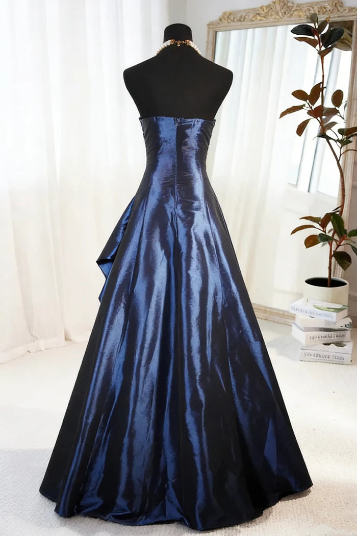 Vintage Royal Blue Satin Strapless Evening Gown with Beaded Embroidery & Draped Ruffles DP4287