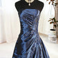 Vintage Royal Blue Satin Strapless Evening Gown with Beaded Embroidery & Draped Ruffles DP4287