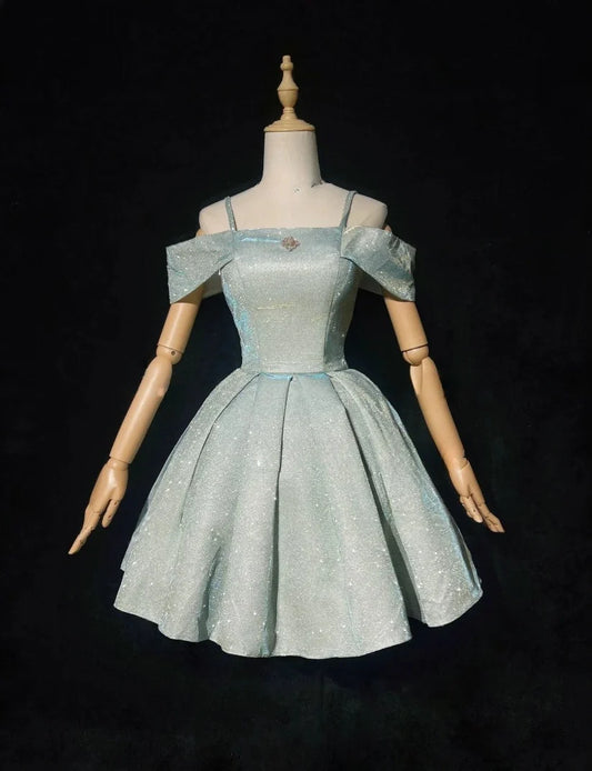 Funkelndes hellblaues A-Linien-Partykleid aus Satin mit Spaghettiträgern und Pailletten, Homecoming-Kleid DP6088
