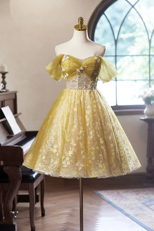 Vintage Yellow Floral Tulle Knee Length Prom Dress, Lovely A-Line Homecoming Dress, DP5821