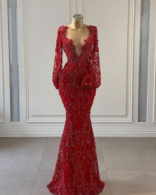 Red Prom Dress long Prom Dresses Long Sleeve Lace Mermaid Evening Gowns,DS4527