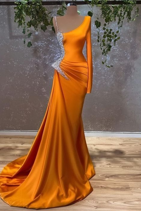 Modern Burnt Orange Long Sleeves Mermaid Prom Dress With Beads,F04770