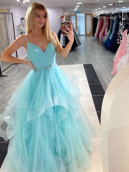 Blue v neck tulle long prom dress, tulle long evening dress,DS1930