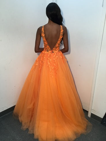 SHEER FLORAL APPLIQUE V NECK BALLGOWN PROM DRESS WEDDING NEON,DS4462
