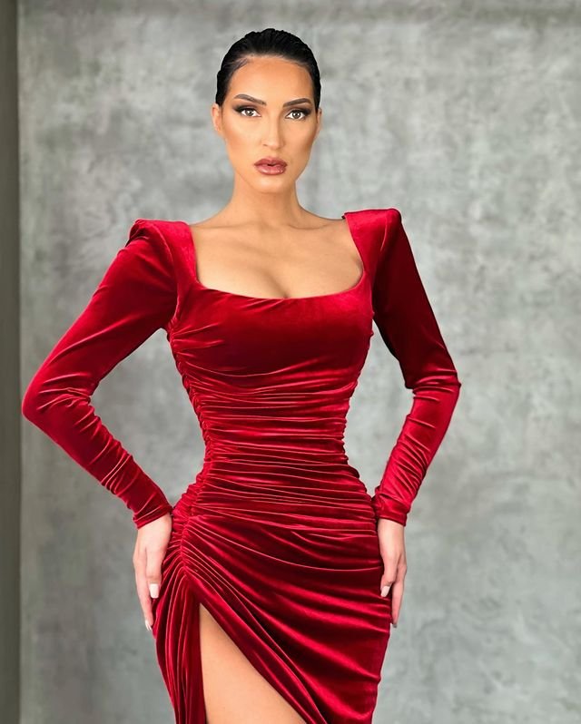 Charming Long Sleeves Burgundy Mermaid Evening Dress With Slit,DS3232