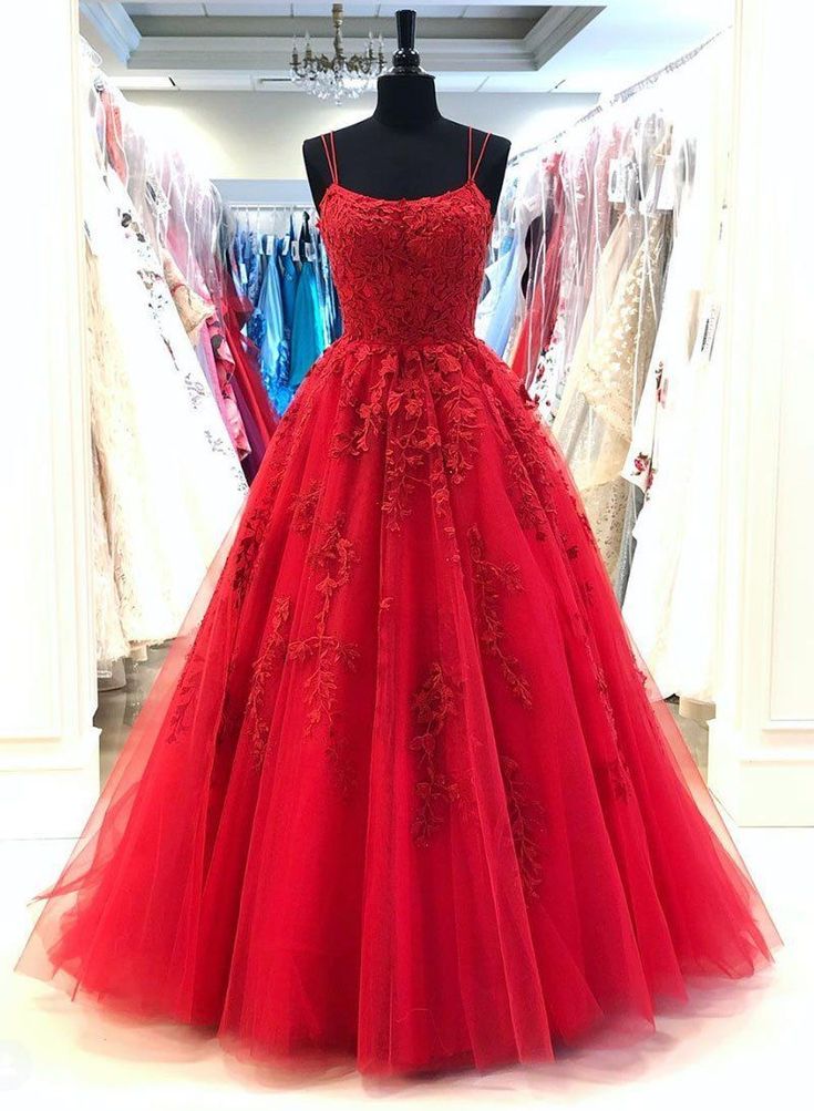 Red Scoop A Line With Appliques Long Tulle Prom Dresses ,DS4116