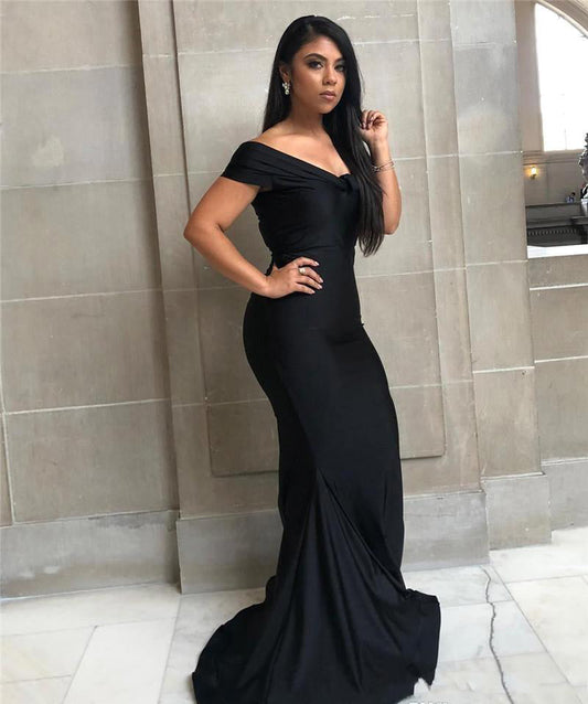 Black Off-the-shoulder Floor-length Backless Mermaid Prom Dress,F04794