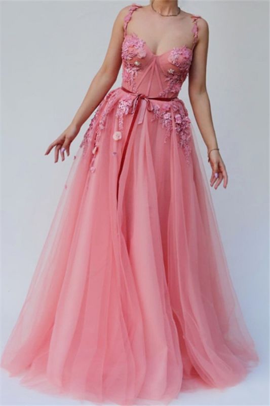 Pink A-line Spaghetti Tulle Flower Applique Prom Dresses,DS4436