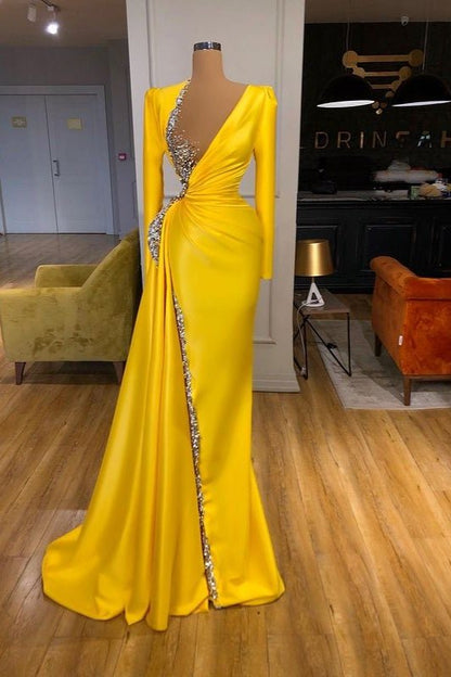 Gorgeous Long Sleeves Yellow Prom Dress With Beads Sequins,DS4686