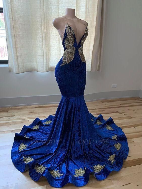 Exquisite Blue V-neck Spaghetti Straps Beading Sleeveless Floor-length Mermaid Prom Dresses,DS4924