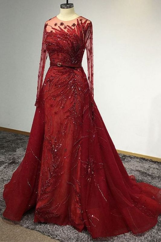 Long Sleeves Tulle Ruby Lace Appliques Mermaid Prom Dresses,DS2798