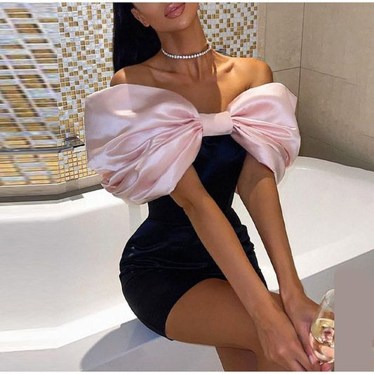 Off Shoulder Big Bowknot Design Skinny Dresses Elegant Women Bodycon Dress For Club Cocktail Party,BD1495