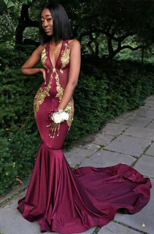 Burgundy V-Neck Prom Dress, Mermaid Evening Dress,DS4880