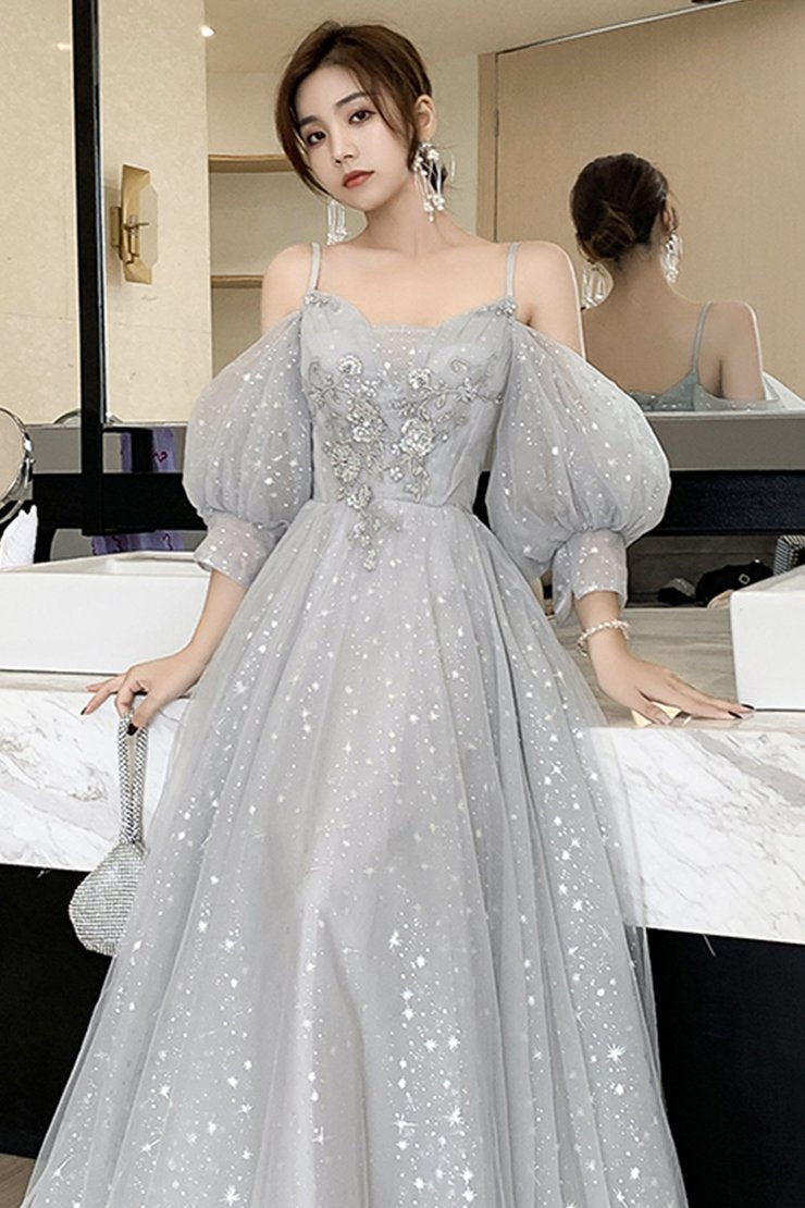 Grey tulle lace long prom dress,DS3031