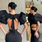 Fashion puff sleeve open waist evening dress - Black,DS3973