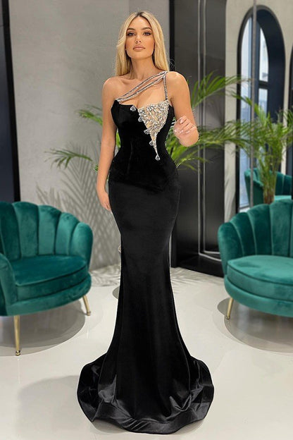 Gorgeous One Shoulder Black Mermaid Prom Dress Long With Crytsal,F04768