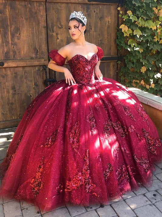 Burgundy off shoulder tulle lace long prom dress sweet 16 dress,DS4603