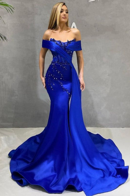 Off The Shoulder Royal Blue Beadings Satin Mermaid Prom Dresses,DS2772