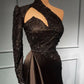 Black One Shoulder Sparkly Lace Satin Mermaid Prom Dress High Neck slim Evening Maxi Dress,DS3724