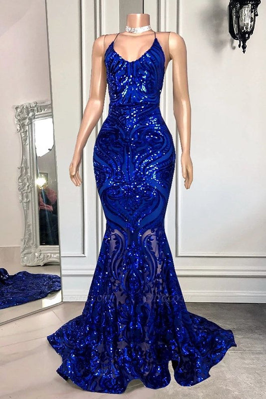 Gorgeous Blue Sequins Jewel Sleeveless Floor-length Mermaid Prom Dresses,DS4315