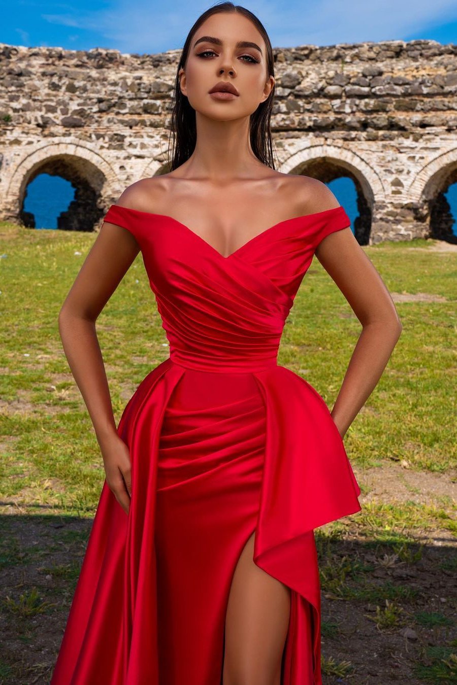 Chic Off-the-Shoulder Red Prom Dress Long Split With Ruffle,F04781