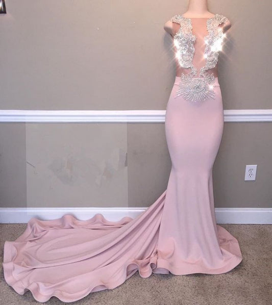 Elegant Mermaid Beads Appliques Prom Dresses | Sheer Tulle Sleeveless Evening Gowns,DS2864