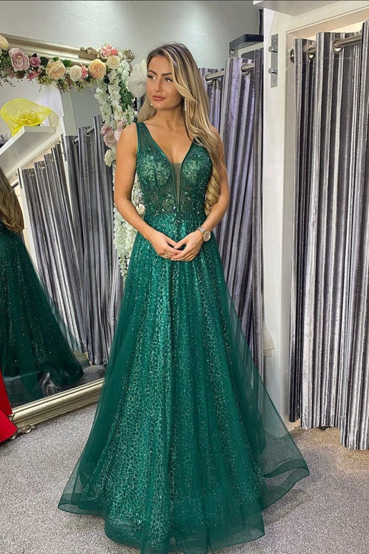 Green tulle sequins long prom dress green evening dress,DS3851