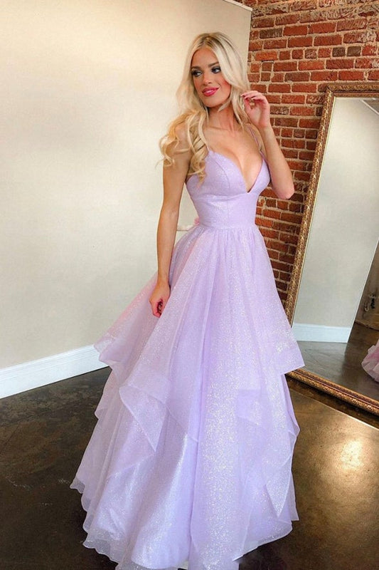 Purple tulle long prom dress A line evening gown,DS3855