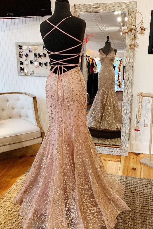 Mermaid V-Neck Rose Gold Long Prom Dress with Criss Cross Back,DS4430