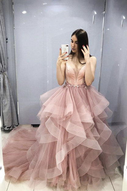 Pink v neck tulle long prom dress pink sweet 16 dress,DS2231