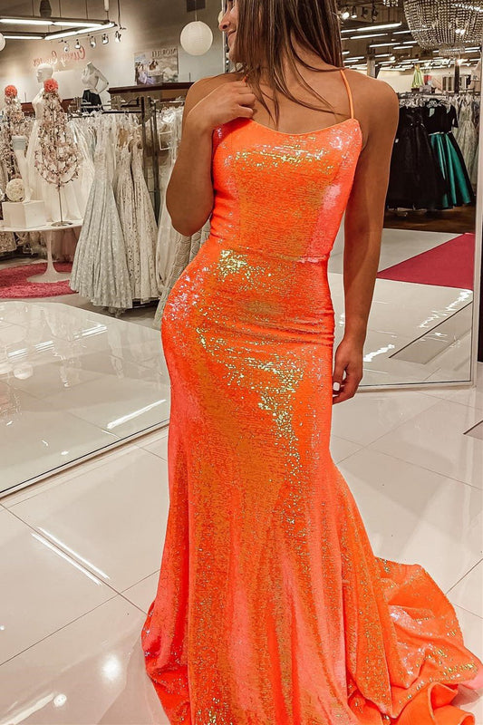 Gorgeous Shinning Orange Mermaid Prom Dress Sequins With Spaghetti-Straps,DS4649