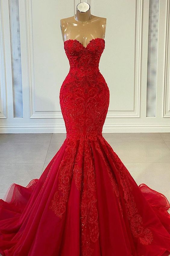 Luxurious Red Lace Long Mermaid Ball Dress｜Lace Evening Dress ,DS4452