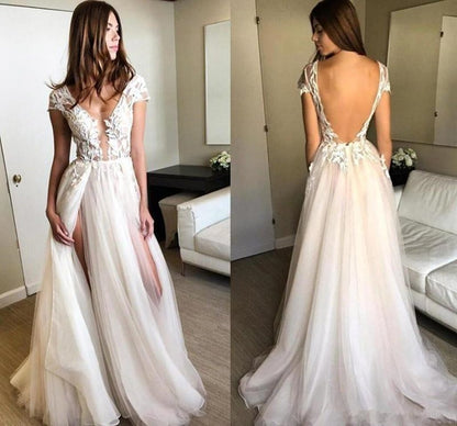 Round Neck Cap Sleeves Backlesss Lace Wedding Dresses, Ivory Backless Lace Prom Dresses Evening Dresses,DS1791