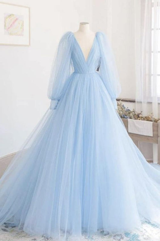 Cute v neck tulle long A line prom dress evening dress,DS4092