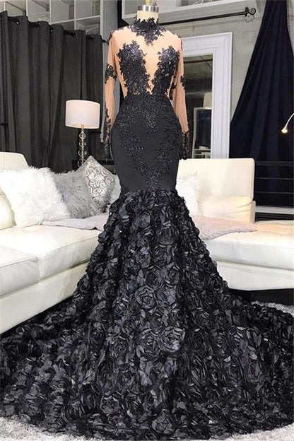 Modern Long Sleeves Black Mermaid Appliques Prom Dress With Flowers Bo DSProm Modern Long Sleeves Black Mermaid Appliques Prom Dress With Flowers Bo DSProm