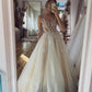 CHAMPAGNE TULLE LACE LONG PROM DRESS, CHAMPAGNE EVENING DRESS,DS3396