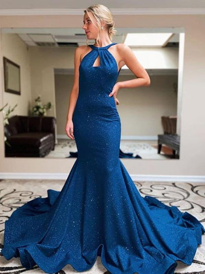 Sexy Halter Mermaid Satin Open Back Prom Dresses Evening Dresses.,DS2729