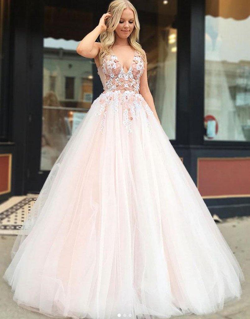 V Neck Floral Champagne Tulle Prom Dresses with Beadings, Champagne Floral Tulle Prom Dresses with Beadings,DS1810