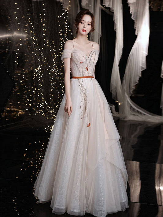 Champagne sweetheart tulle long prom dress, champagne evening dress,DS1950