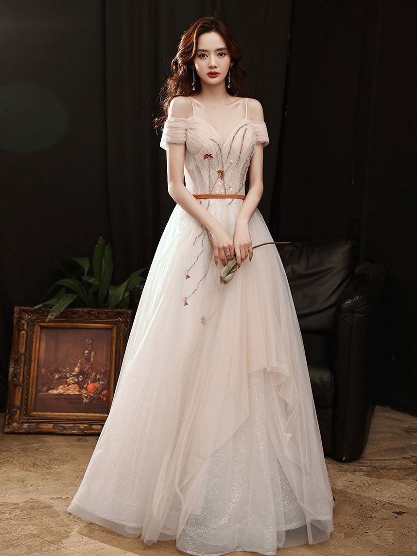 Champagne sweetheart tulle long prom dress, champagne evening dress,DS1950