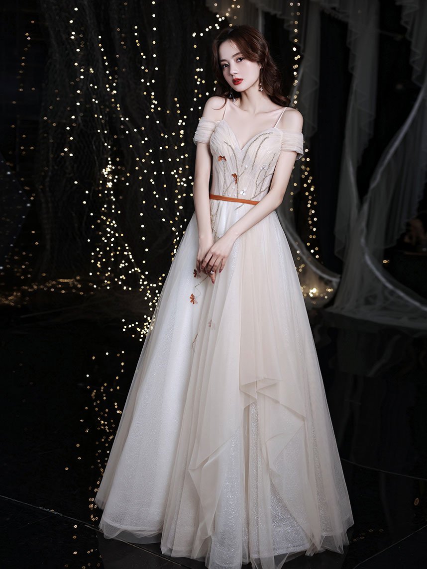 Champagne sweetheart tulle long prom dress, champagne evening dress,DS1950