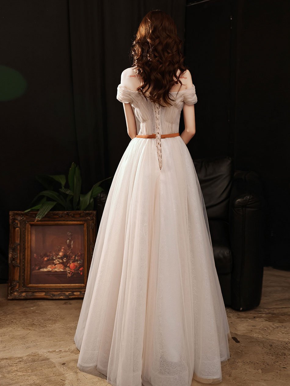 Champagne sweetheart tulle long prom dress, champagne evening dress,DS1950